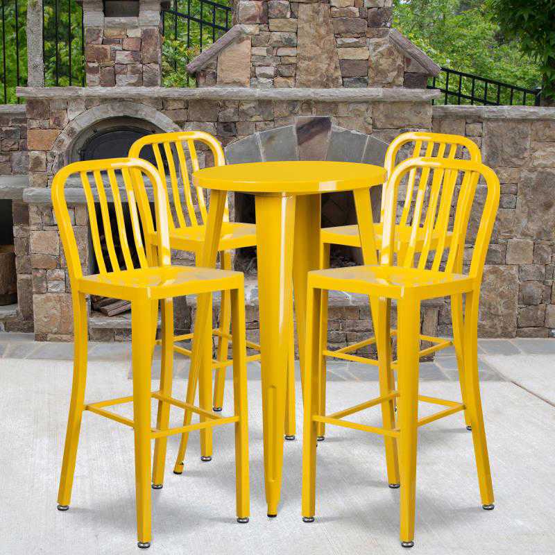 Richard Commercial Grade 24 Round Yellow Metal Indoor-Outdoor Bar Table Set with 4 Stools