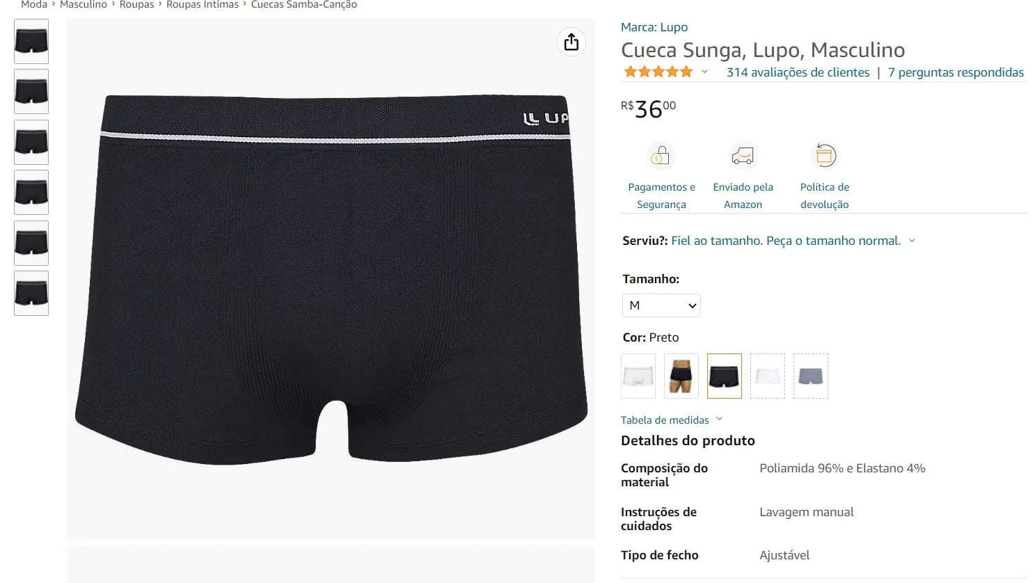Men's Black Cueca Sunga Lupo Underwear - Size Medium (21 Units)