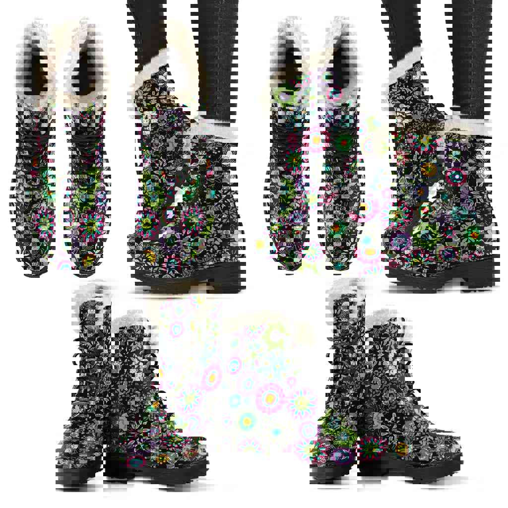 Happy Flowers Winter Boots - Vegan Faux Fur Leather Boots