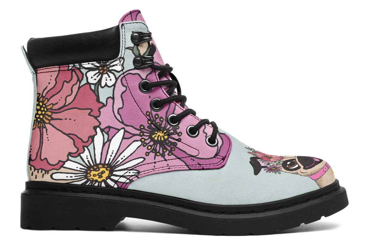 Floral Pug Classic Vibe Boots - Custom Printed Vegan Boots