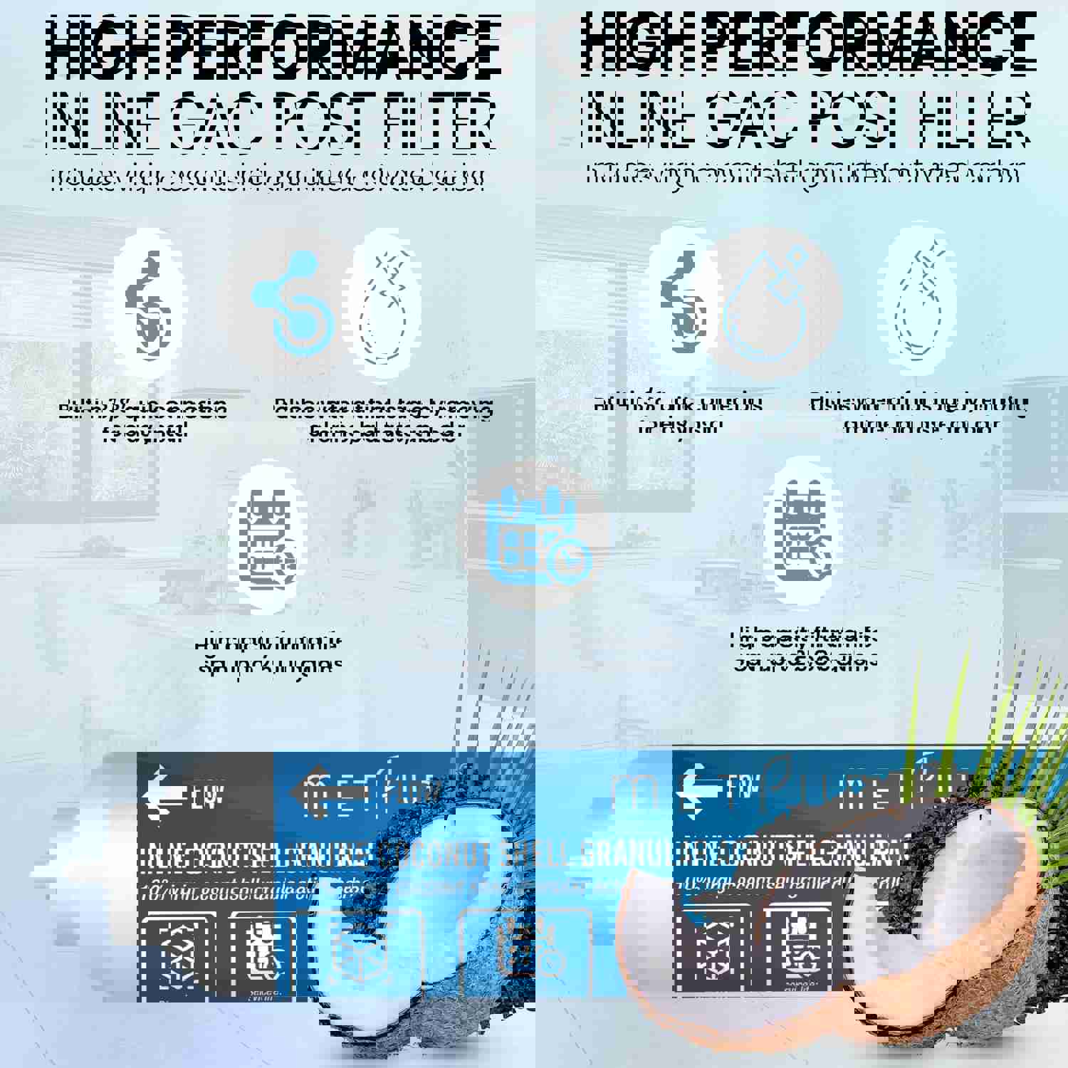 Metpure 2 x 10 RO Carbon Post Filter GAC Coconut Shell Granular Activated Carbon 3/8 Inline Water Filter