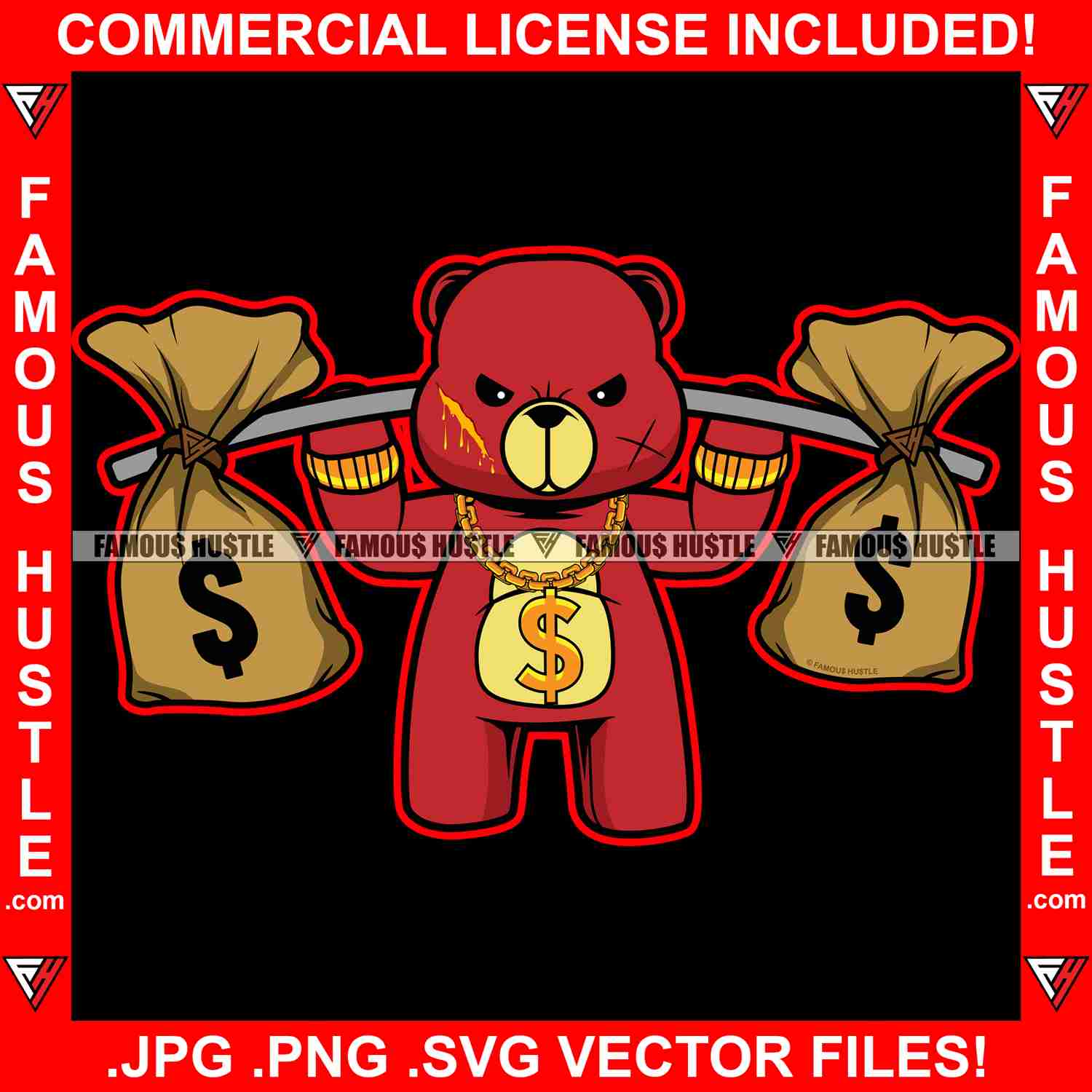 Money Bags Gangster Red Teddy Bear Gold Dollar Sign Necklace Hip Hop Graphic T-Shirt Design