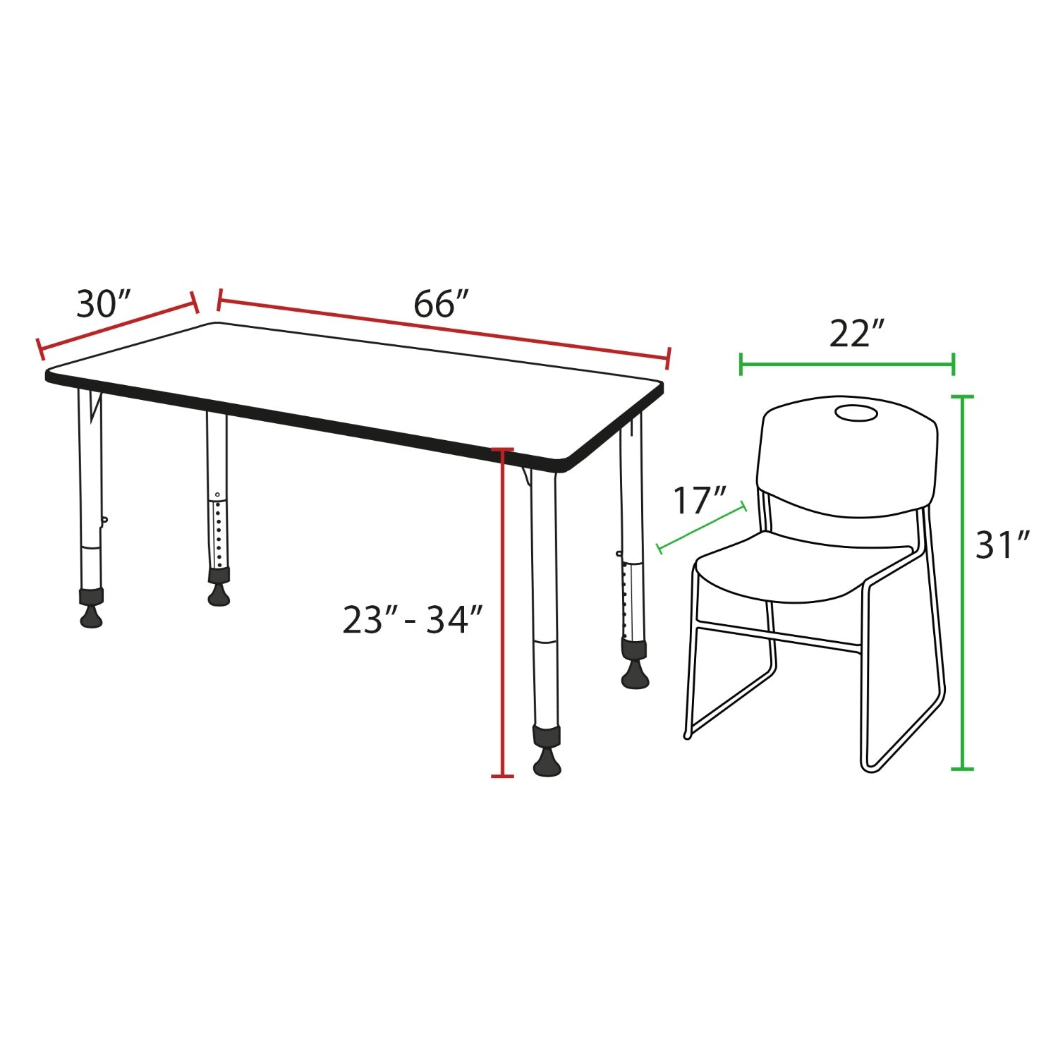 Kee Classroom Table and Chair Package - Adjustable Height Table with 2 Stack Chairs