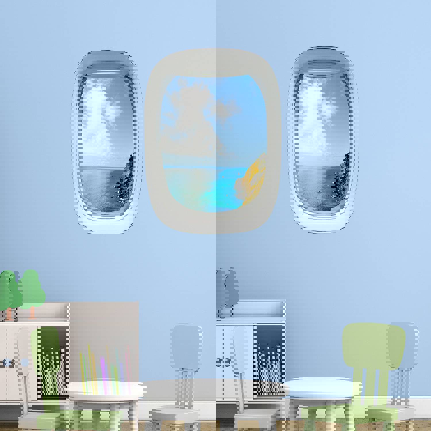 Peel and Stick Airplane Window Ocean Mountainside View Vinyl Wall Decal