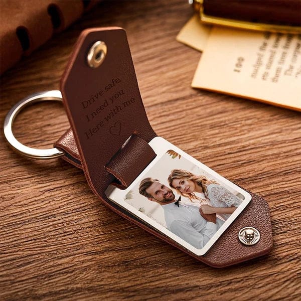 Custom Leather Photo Text Keychain - Personalized Anniversary Gift for Couples