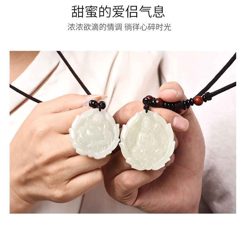 Natural Hetian Jade Pendant - Couple Flame Lotus Jade Avalokitesvara & Smiling Buddha Set with Certificate