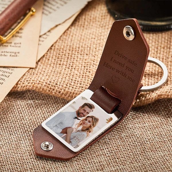 Custom Leather Photo Text Keychain - Personalized Anniversary Gift for Couples
