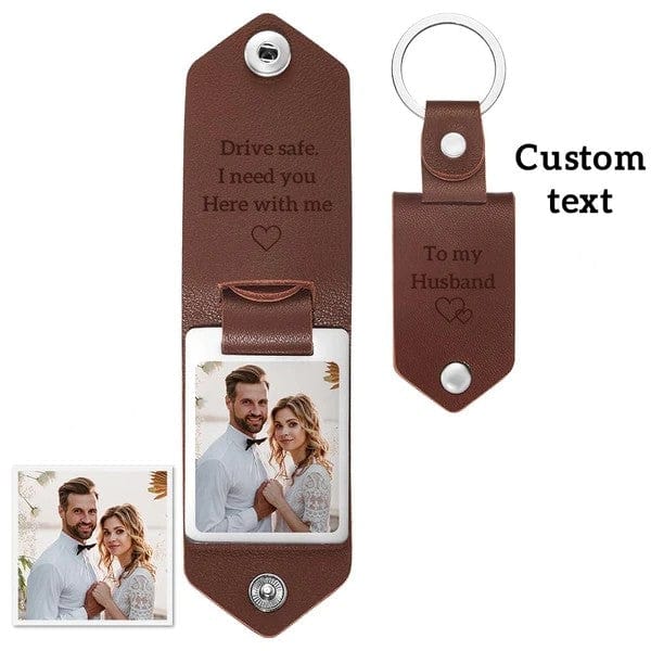 Custom Leather Photo Text Keychain - Personalized Anniversary Gift for Couples