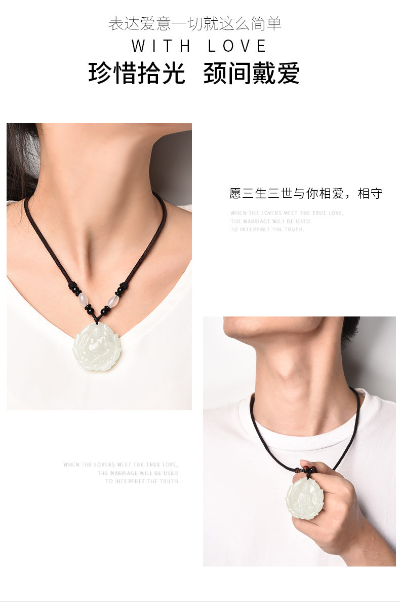 Natural Hetian Jade Pendant - Couple Flame Lotus Jade Avalokitesvara & Smiling Buddha Set with Certificate