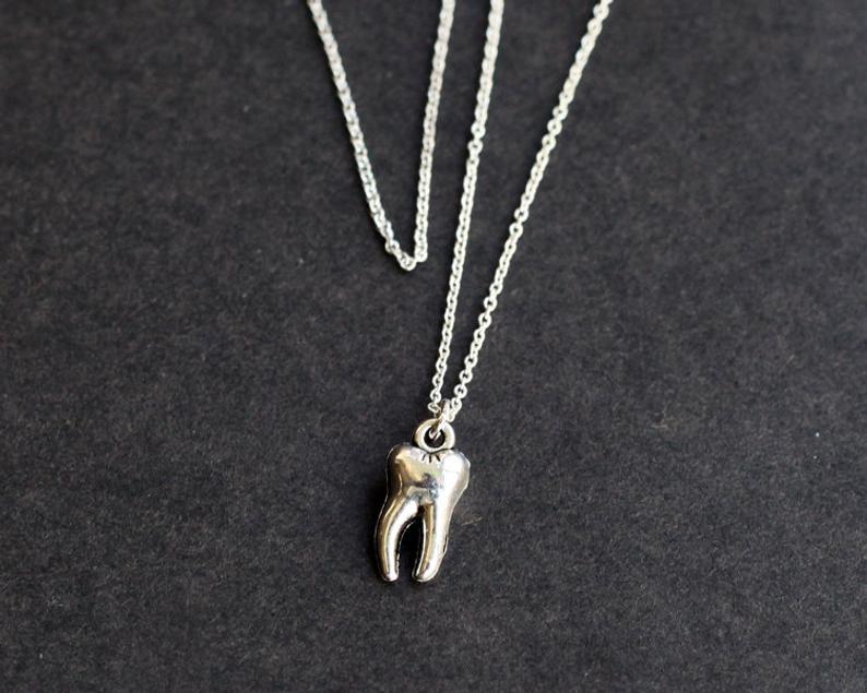 Gothic Antique Silver Color Tooth Pendant Necklace for Girls and Women - Wicca Grunge Fairy Core GoblinCore Alt Accessories