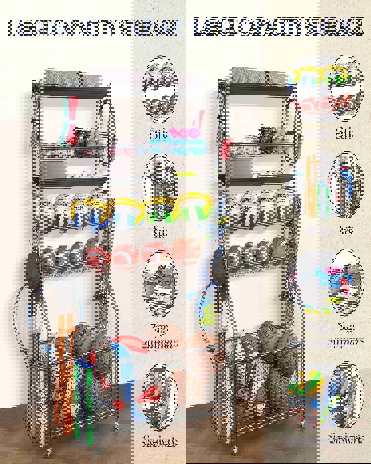 Mythinglogic Sports Equipment Garage Organizer with Wheels for Indoor/Outdoor Use