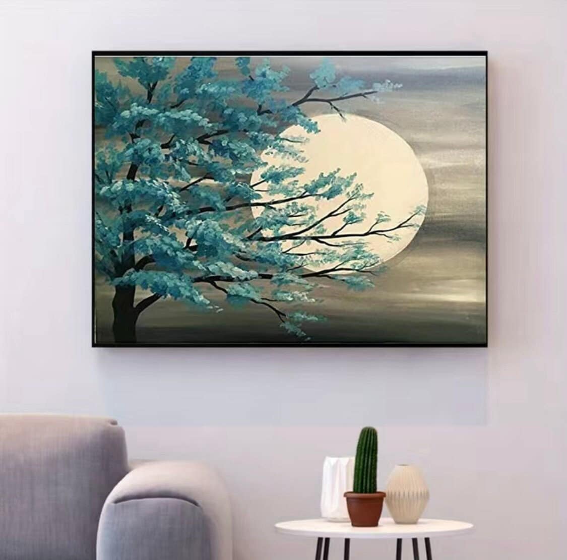 Stamped Cross Stitch Kit - Blue Tree Moon Clouds Design for Beginners