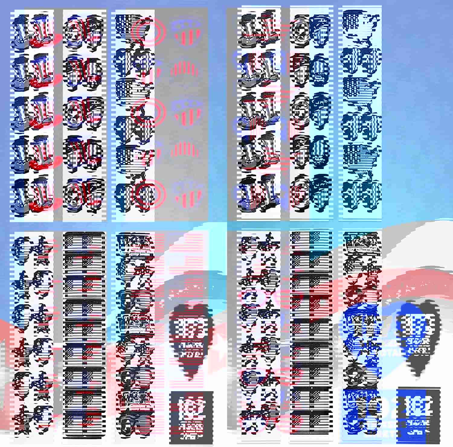 Assorted USA Patriotic Stickers, 100 Sheets with Over 1,000 Stickers of US American Flag, Map and Stars