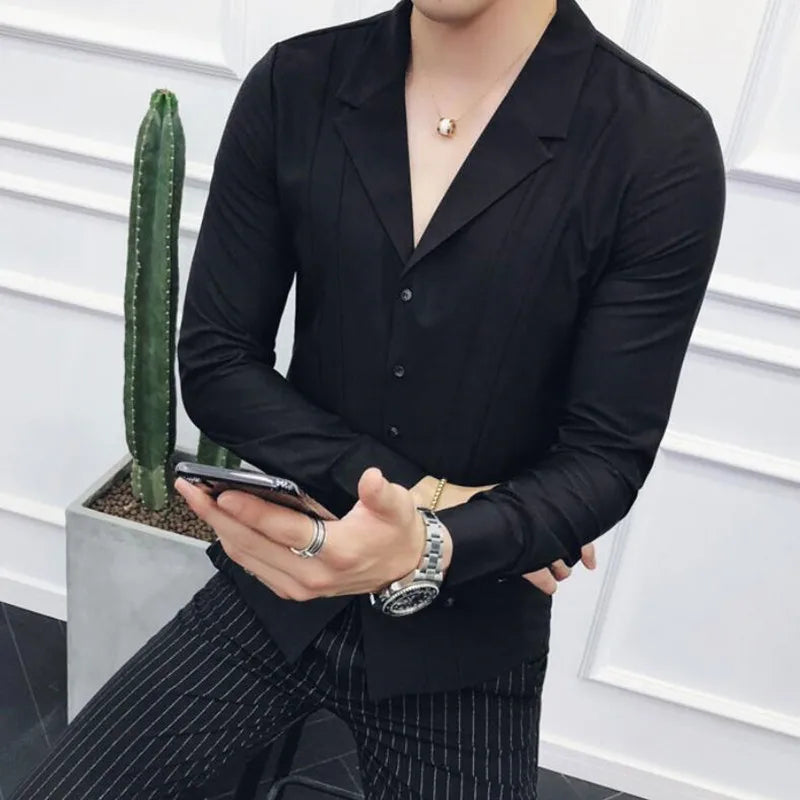 Nukty Men's High Quality Spring Long-Sleeved V-neck Slim Fit Casual Business Dress Shirts (S-4XL)