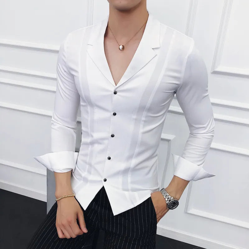 Nukty Men's High Quality Spring Long-Sleeved V-neck Slim Fit Casual Business Dress Shirts (S-4XL)