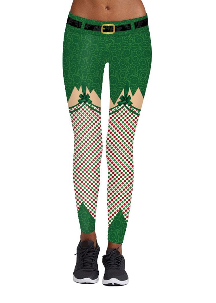 Fashion Green Bowknot Dots Print Christmas Tight Pants For Women