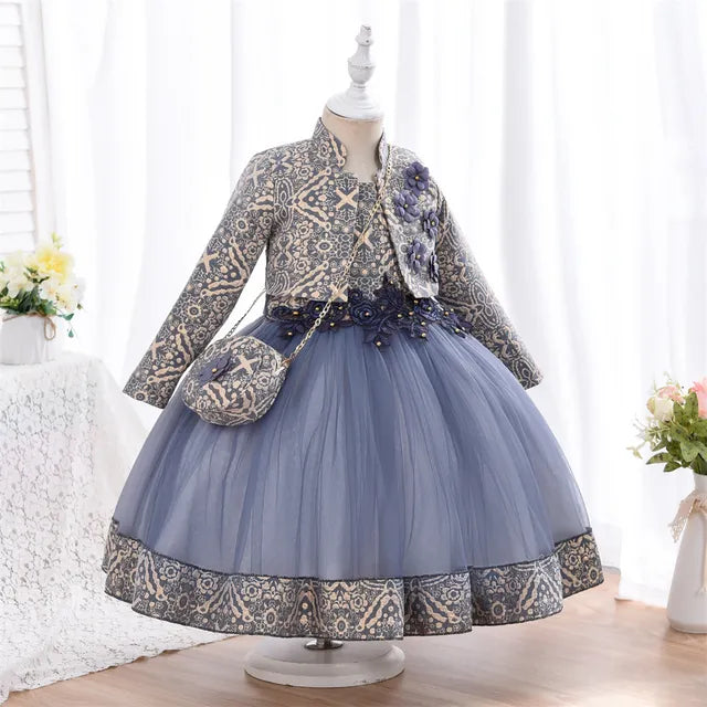 Yoliyolei 3pcs/set Puffy Dress for Girls - Jacquard Pattern Tulle Patchwork with 3D Appliques