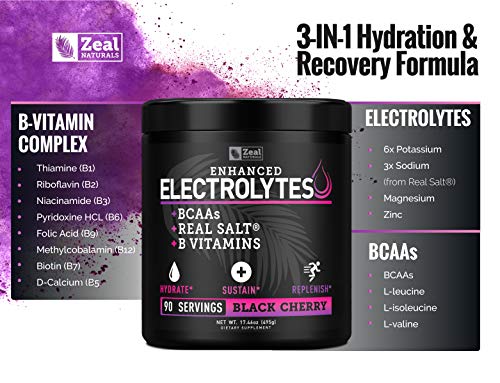 Enhanced Electrolyte Powder (Black Cherry, 90ct) - Sugar Free with BCAA, B-Vitamins & Real Salt® for Hydration & Recovery