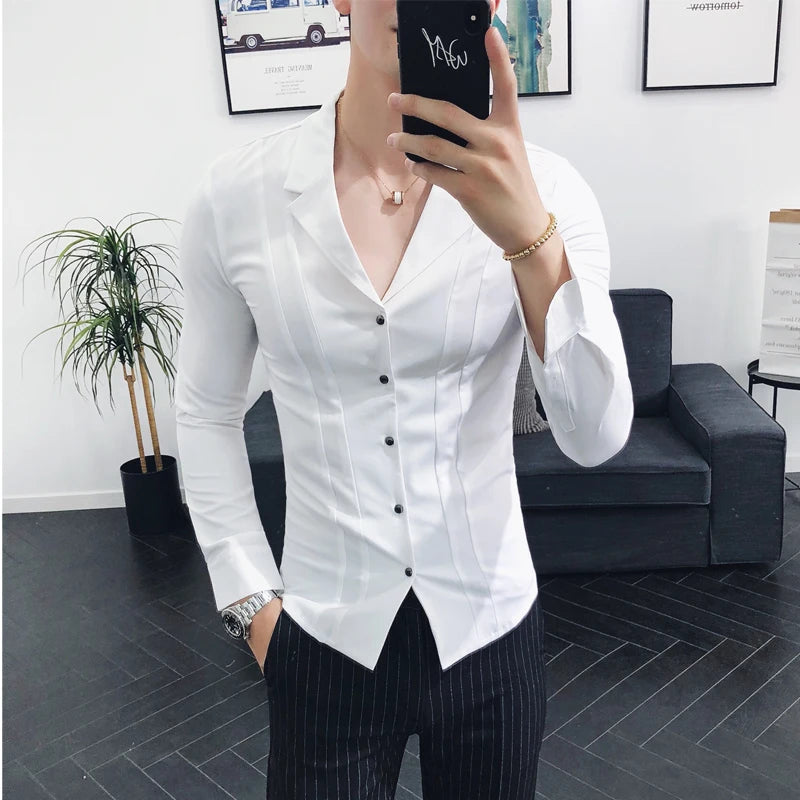 Nukty Men's High Quality Spring Long-Sleeved V-neck Slim Fit Casual Business Dress Shirts (S-4XL)