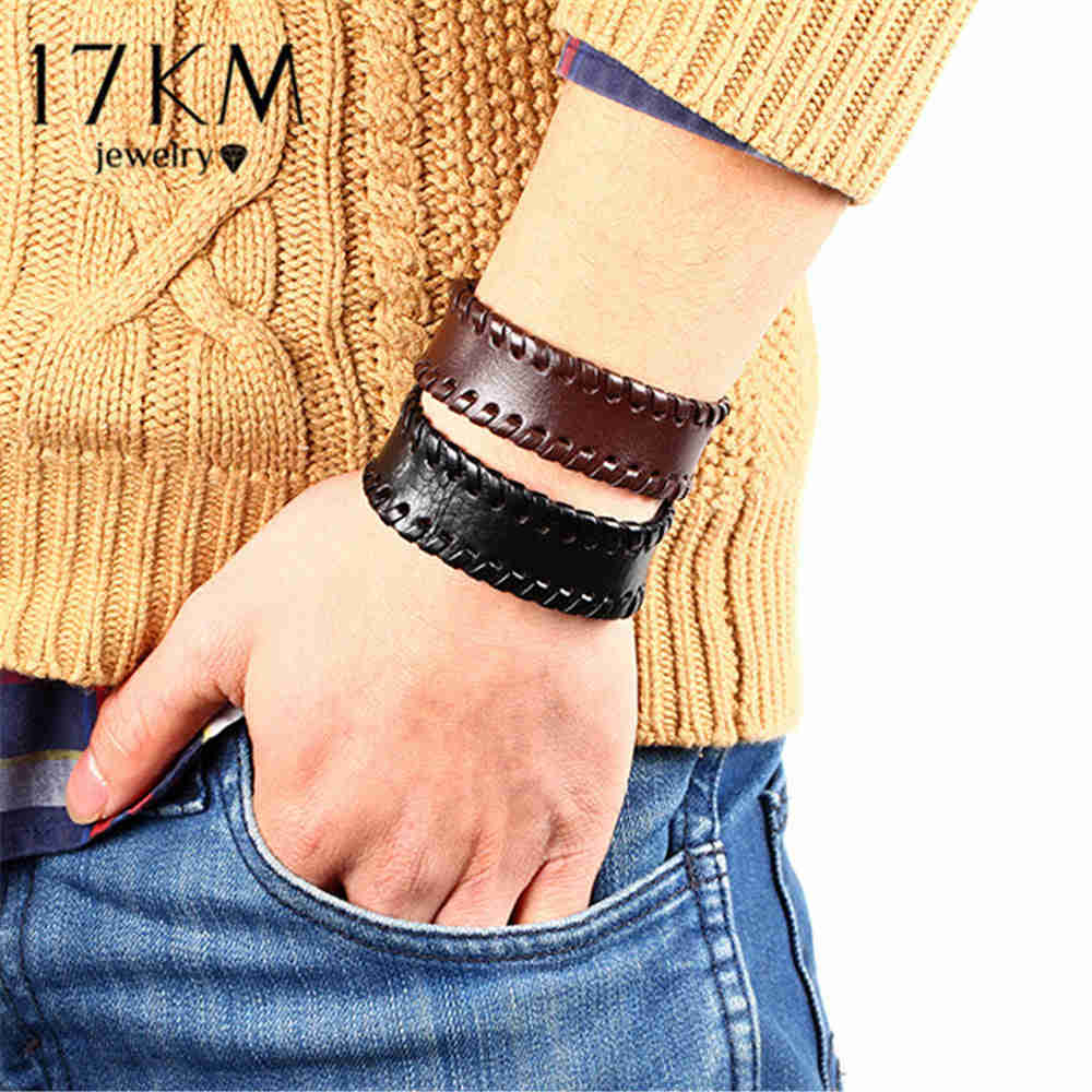 17KM 2017 New Fashion Vintage Men's Punk Bracelet - Wide Leather Strap with Button Closure