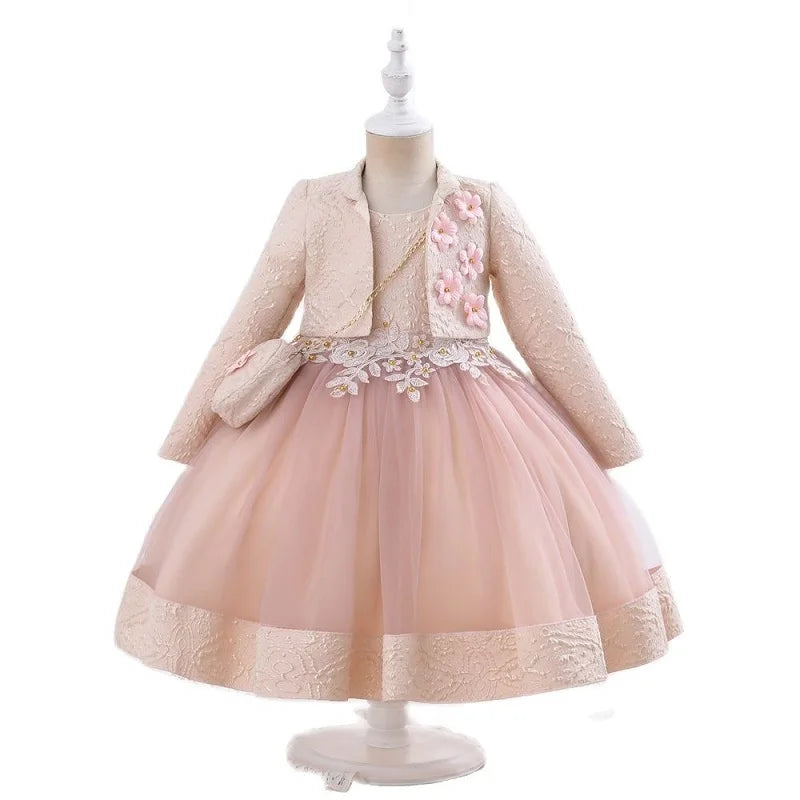 Yoliyolei 3pcs/set Puffy Dress for Girls - Jacquard Pattern Tulle Patchwork with 3D Appliques