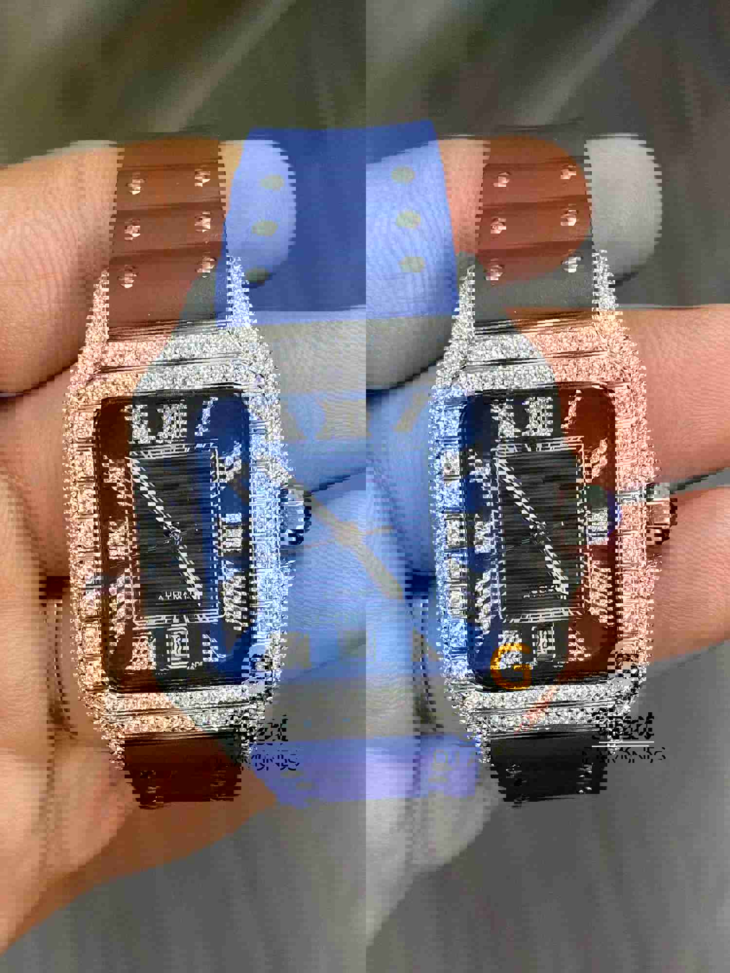 41MM Blue Dial VVS Moissanite Diamond Bezel Watch with Silicon/Rubber Strap