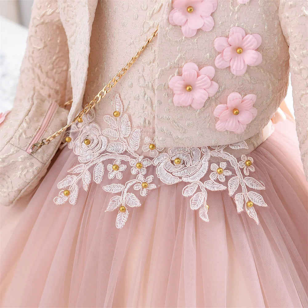 Yoliyolei 3pcs/set Puffy Dress for Girls - Jacquard Pattern Tulle Patchwork with 3D Appliques