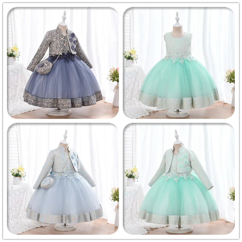 Yoliyolei 3pcs/set Puffy Dress for Girls - Jacquard Pattern Tulle Patchwork with 3D Appliques