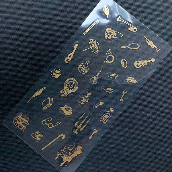Vintage Gold Household & Musical Instrument Stickers - Decorative PVC Sheet