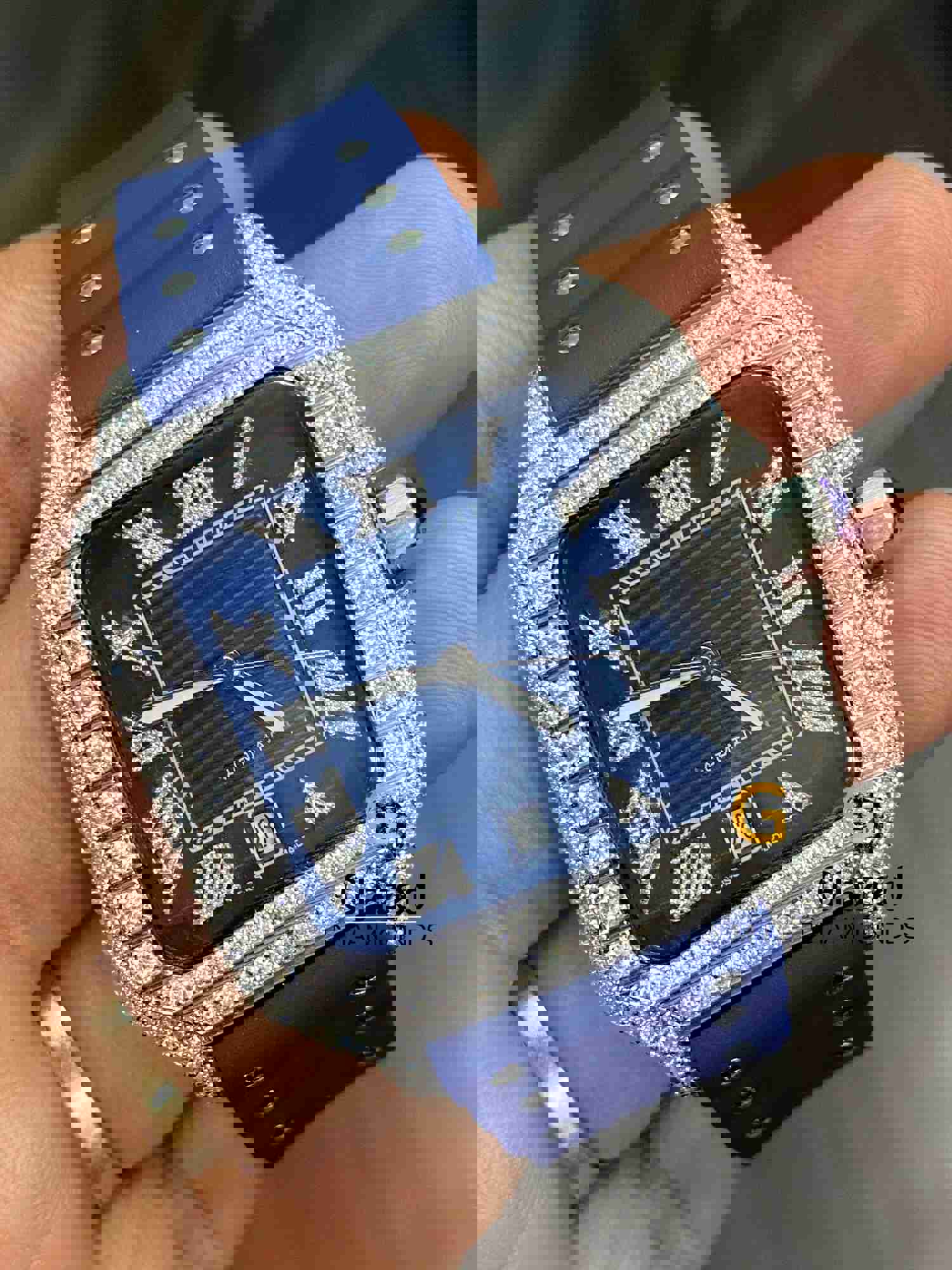 41MM Blue Dial VVS Moissanite Diamond Bezel Watch with Silicon/Rubber Strap