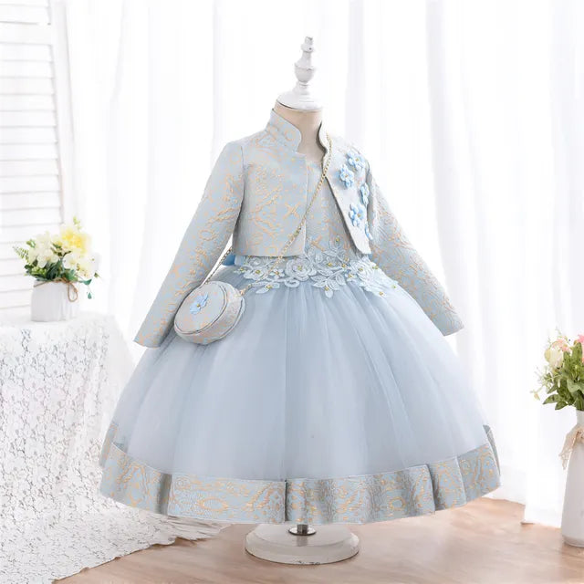 Yoliyolei 3pcs/set Puffy Dress for Girls - Jacquard Pattern Tulle Patchwork with 3D Appliques