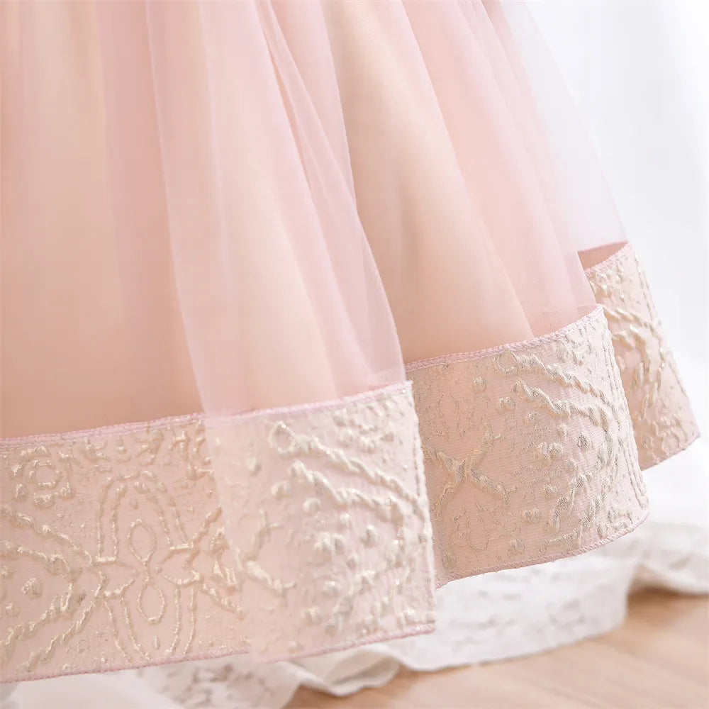 Yoliyolei 3pcs/set Puffy Dress for Girls - Jacquard Pattern Tulle Patchwork with 3D Appliques