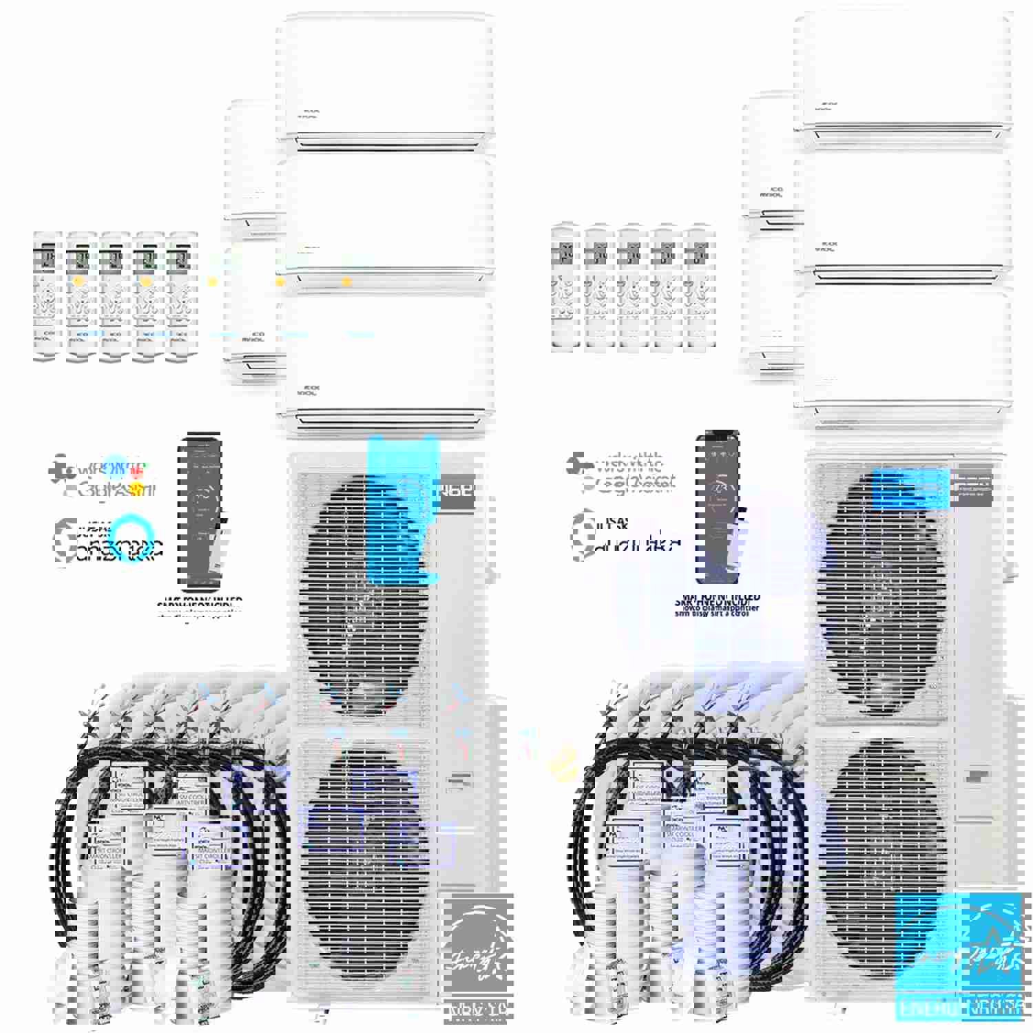 MRCOOL DIY 4th Gen 48K BTU 5-Zone Condenser with 9K+9K+9K+9K+12K Handlers and 2 x 35ft and 3 x 50ft Linesets Bundle
