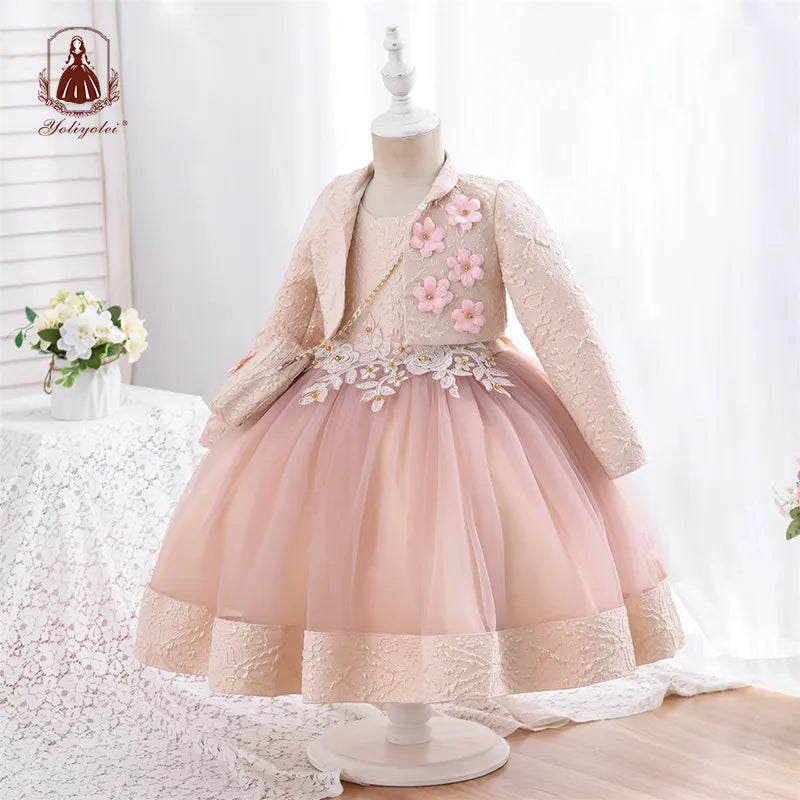 Yoliyolei 3pcs/set Puffy Dress for Girls - Jacquard Pattern Tulle Patchwork with 3D Appliques