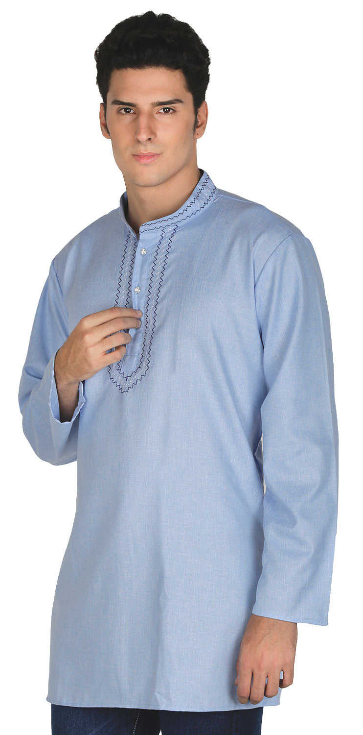 Embroidered Cotton Men's Short Kurta Shirt - Sky Blue