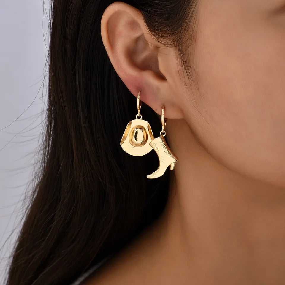 Punk Cool Western Cowboy Hat Boot Earring - Unisex Asymmetric Charms Gold Plated Hoop Earrings