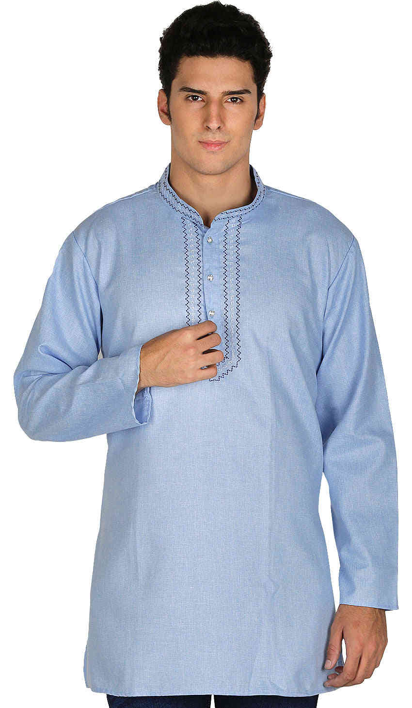Embroidered Cotton Men's Short Kurta Shirt - Sky Blue