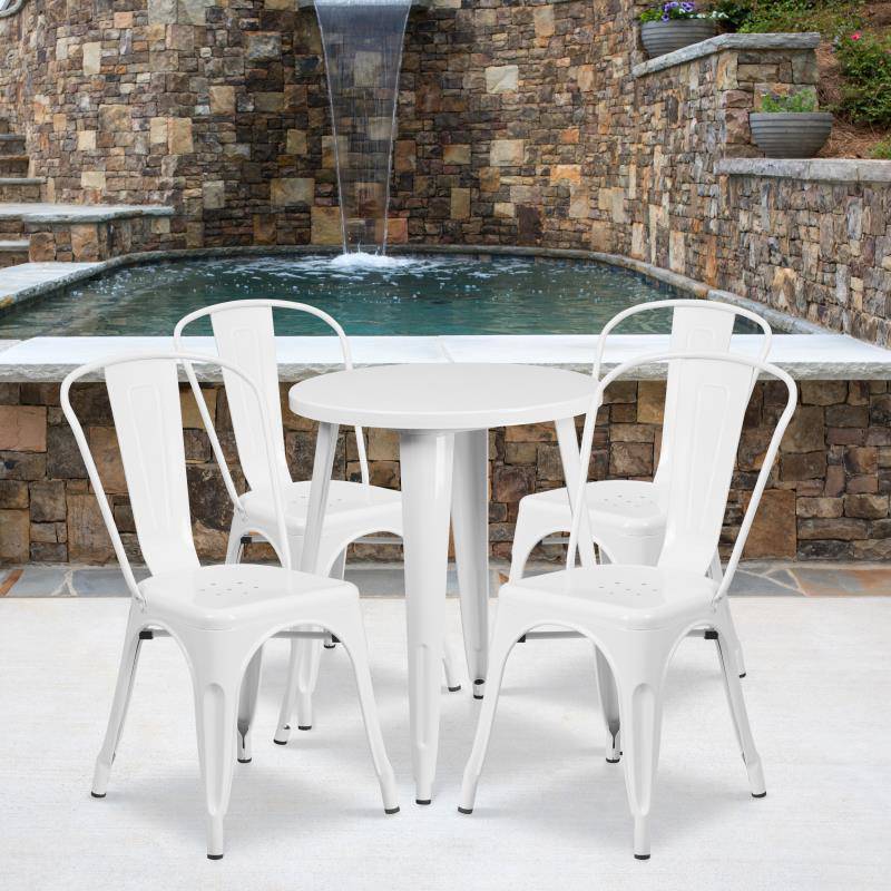 Flash Furniture Chauncey Commercial Grade 24 Round White Metal Indoor-Outdoor Table Set with 4 Cafe Chairs
