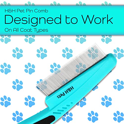 H&H Pets Pin Comb 2.0 - Upgraded Rubber Handle Dog & Cat Grooming Comb with Long & Short Teeth