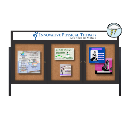 Freestanding Enclosed Outdoor Bulletin Boards 96 x 36 with Message Header and Posts (3 DOORS)