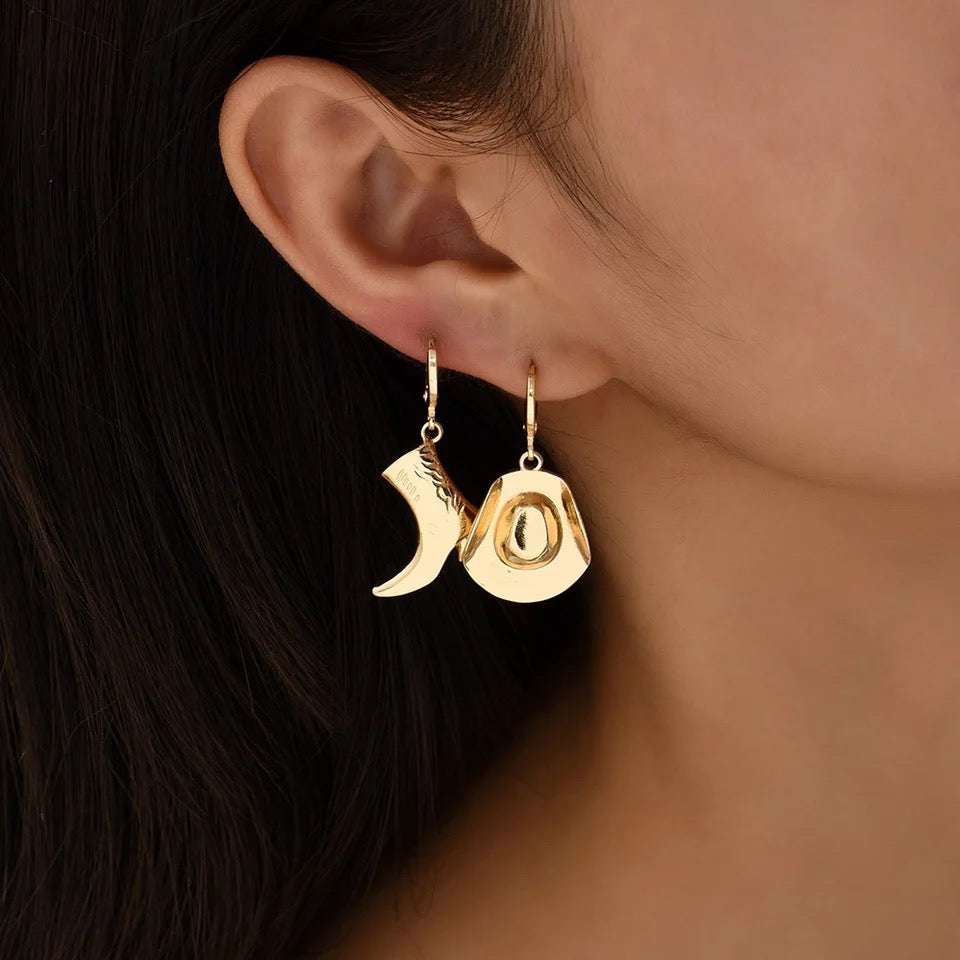 Punk Cool Western Cowboy Hat Boot Earring - Unisex Asymmetric Charms Gold Plated Hoop Earrings