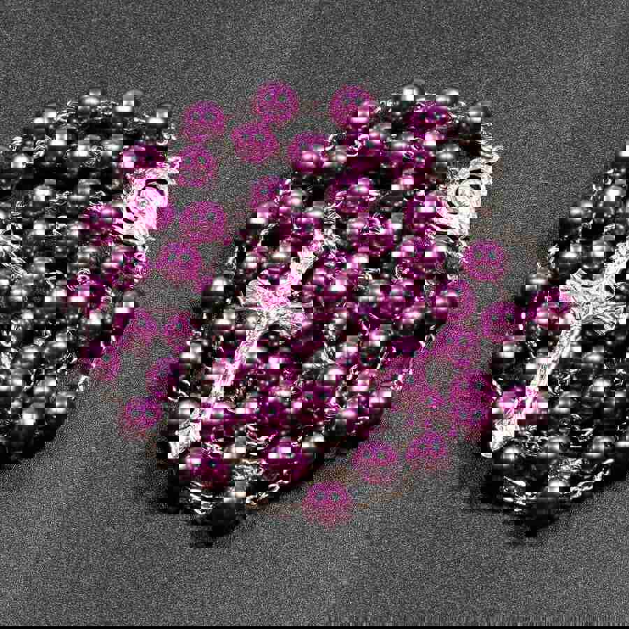 Women Faux Pearl Cross Pendant Long Beads Chains Rosary Necklace