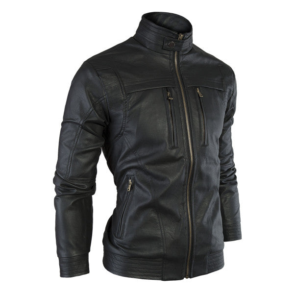 Men's Fashion Slim Fit Leather Jacket with Mandarin Collar