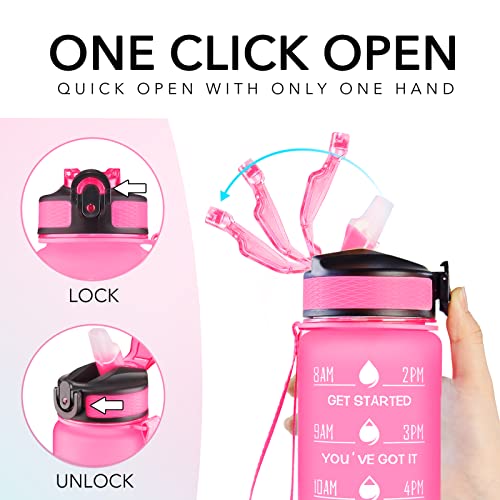 Hyeta 32 oz Motivational Water Bottle with Time Marker and Straw, Leakproof & BPA Free, Pink-Green