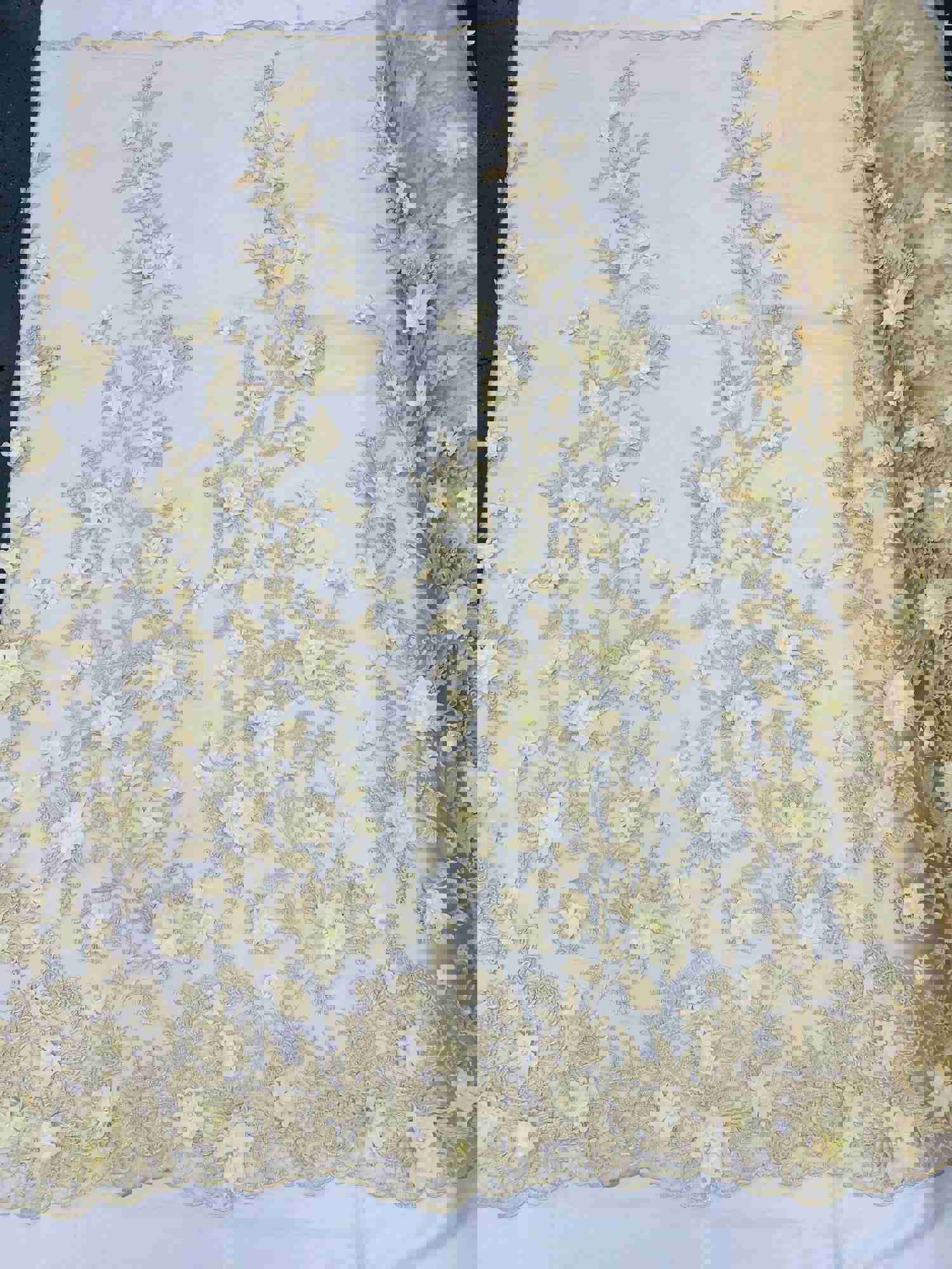Lt Champagne Two Tone 3D Floral Embroidered Beaded Mesh Lace Fabric