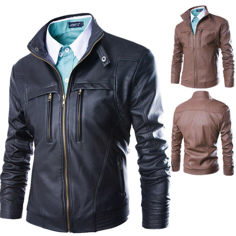 Men's Fashion Slim Fit Leather Jacket with Mandarin Collar