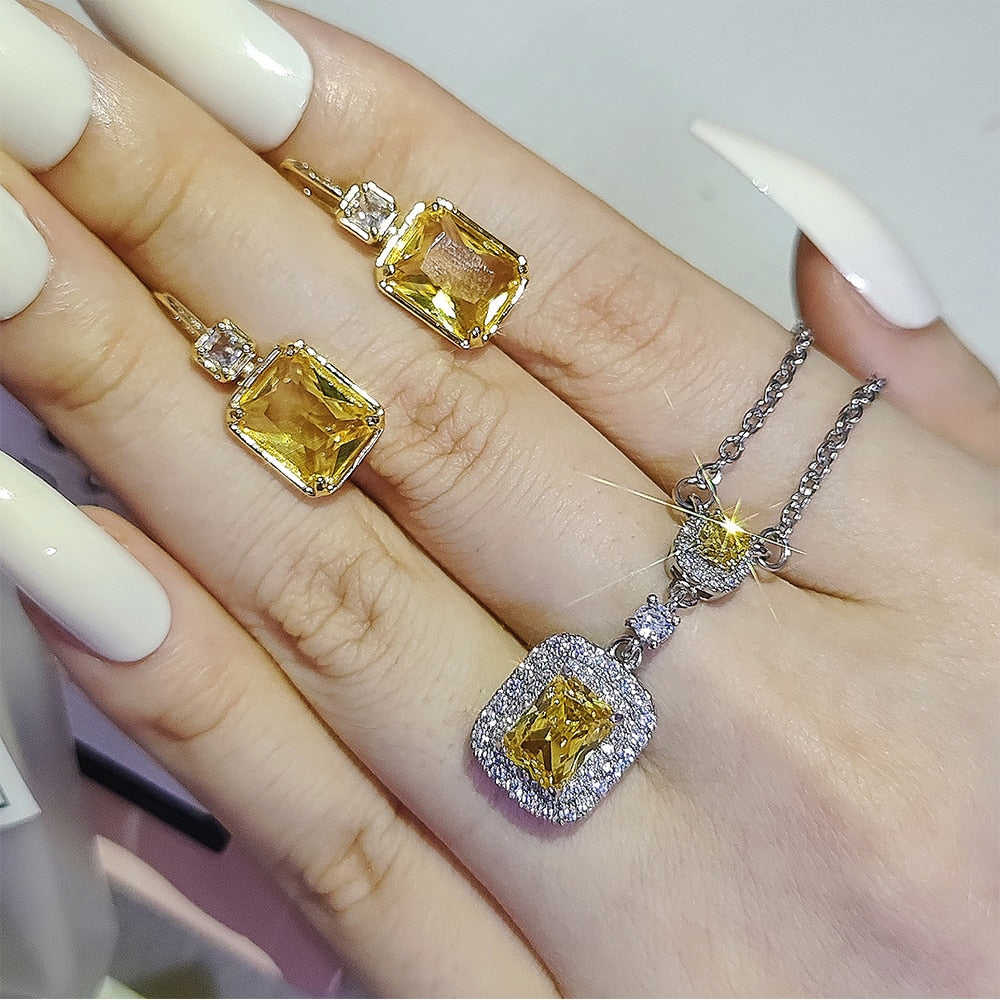2pcs Pack Yellow Silver Bride Jewelry Engagement Wedding Bridal Ring Set for Women