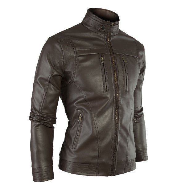 Men's Fashion Slim Fit Leather Jacket with Mandarin Collar