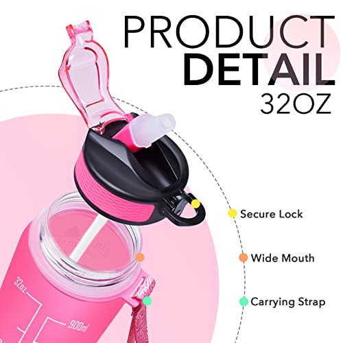 Hyeta 32 oz Motivational Water Bottle with Time Marker and Straw, Leakproof & BPA Free, Pink-Green