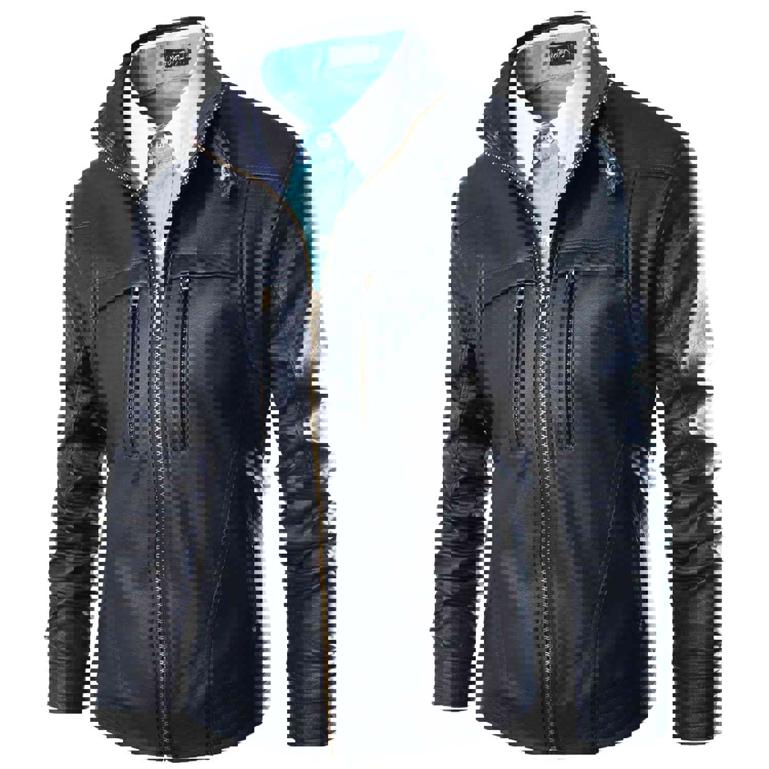 Men's Fashion Slim Fit Leather Jacket with Mandarin Collar